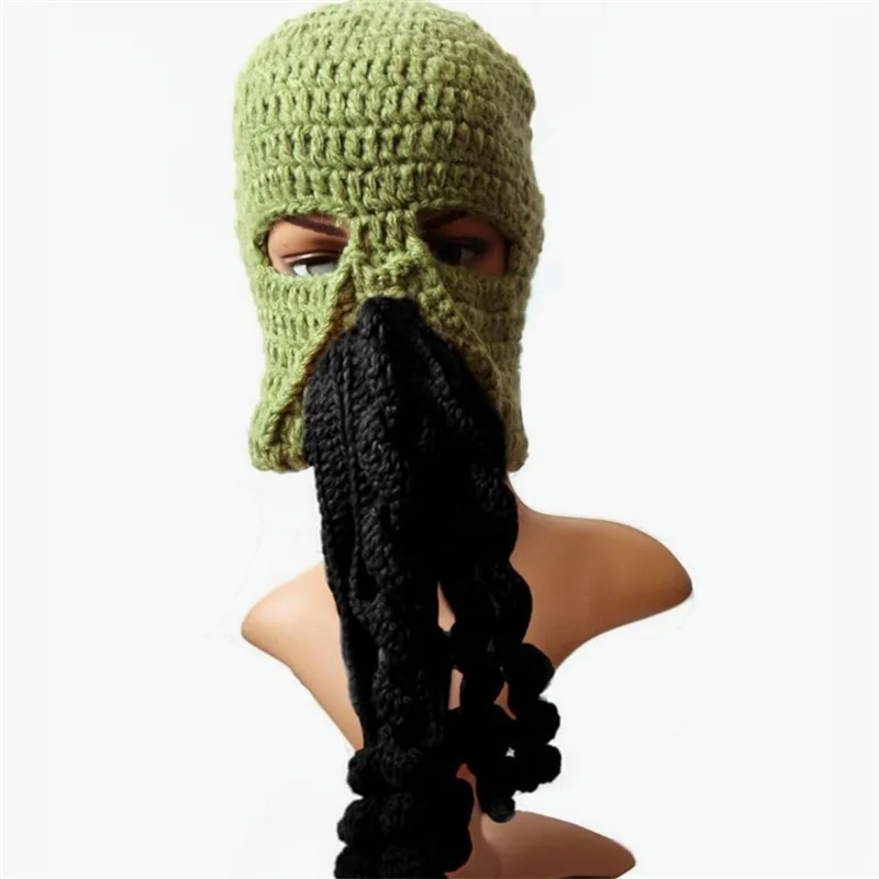 

Halloween Quirky personality Pure Handmade knitting green Pullover Octopus beard hat cosplay costume Winter warm hat