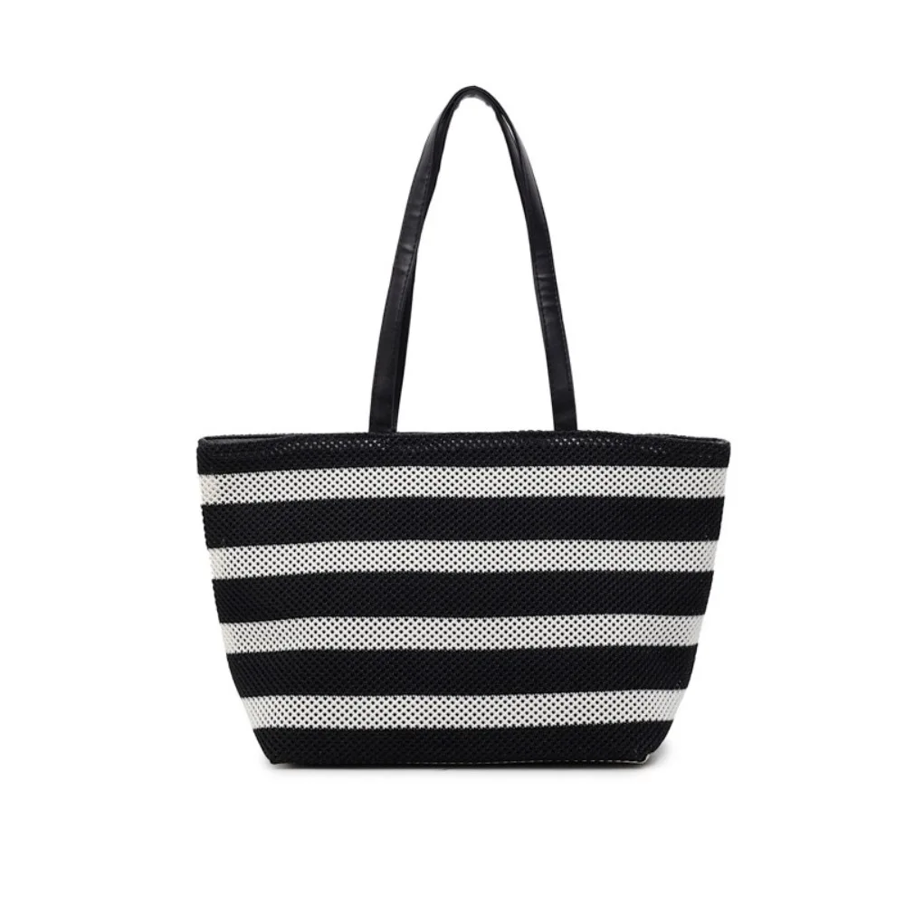 

Korean Style Black and White Striped Tote Bag Large Capacity Lazy Style Woven Shoulder Bag Zipper Beach Handbag