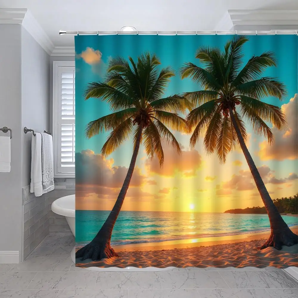 

Океан, пляж, восход солнца, занавеска для душа, пальма, закат, прибрежный тропический Гавайский морской пейзаж, лето, морской берег, природа, ванная комната