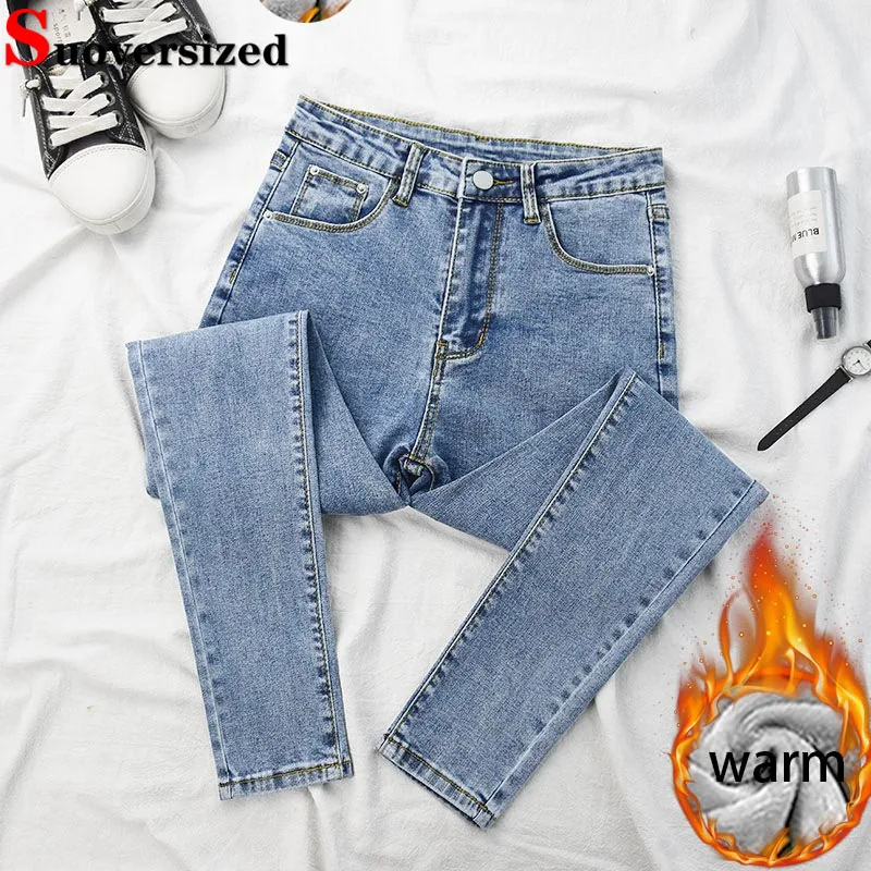 

Winter Warm Stretch Skinny Pencil Jeans Women High Waist Velvet Lined Vintage Denim Pants Casual Ankle Length Slim Vaqueros New