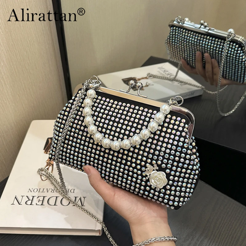 

Alirattan Women 2024 Fashion Rhinestone Square Bag Ladies Messenger Bag Designer Pearl Chain Shoulder Corssbody Bags