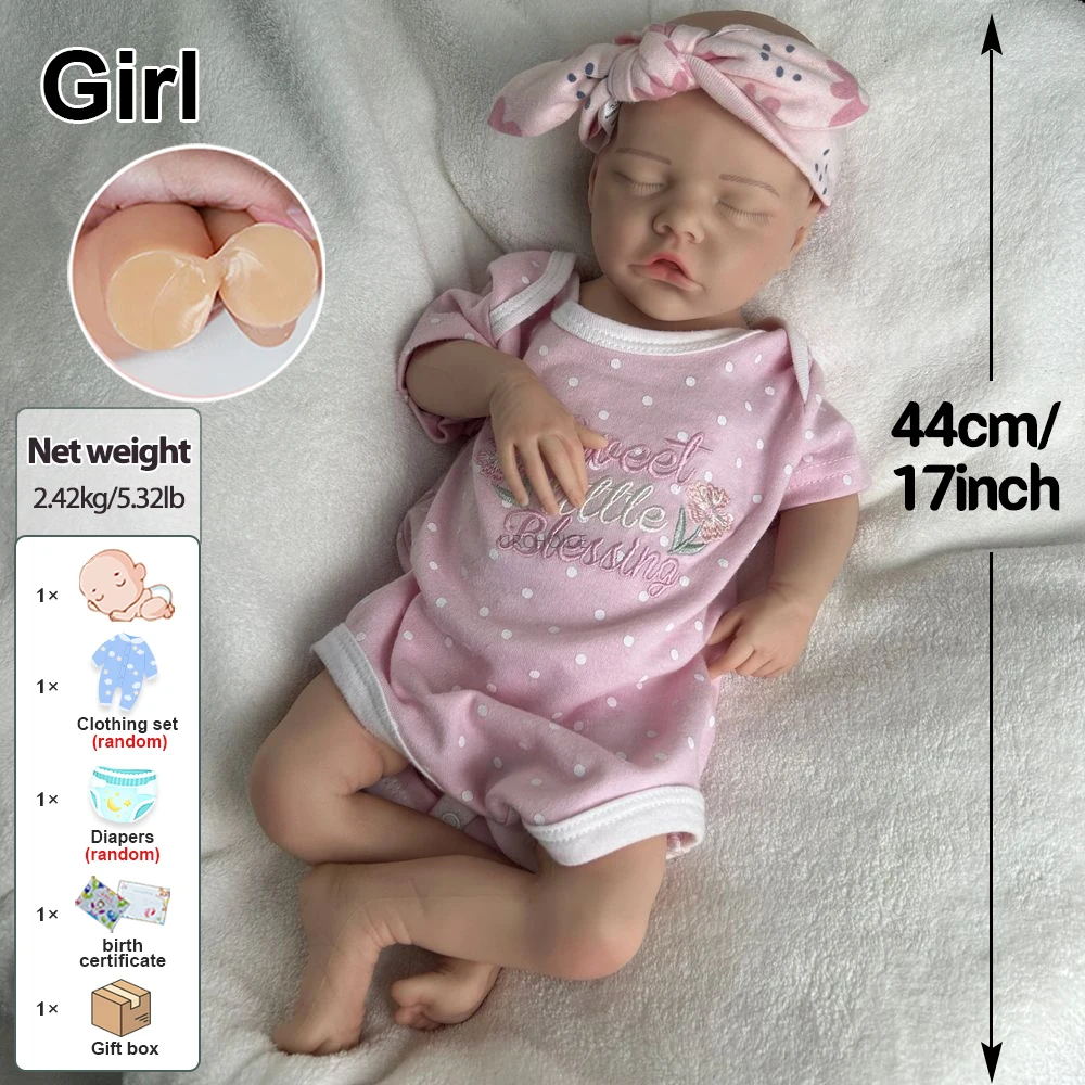 17인치 3D 피부 실제 실리콘 다시 태어난 아기 소녀 육아 연습을위한 예쁜 가중 방수 신생아 인형 생일 선물