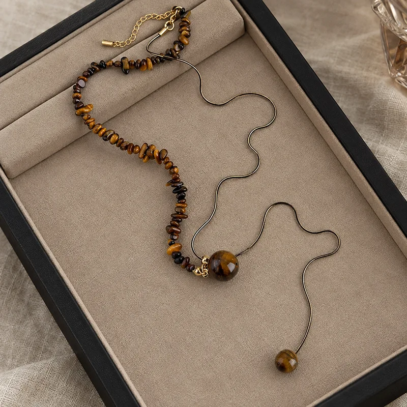 Asymmetric Tiger Eye Stone Bead Necklace Snake Chain Necklaces Adjustable For Women Fashion Daily Temperament Jewelry Accessory