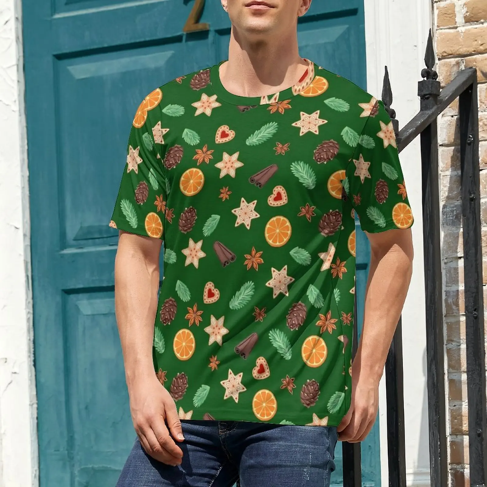 Oversized T Shirt Summer Christmas Pine Cones T-Shirts Festive Fall Print Casual O Neck Tee Shirt Male Retro Pattern Tops
