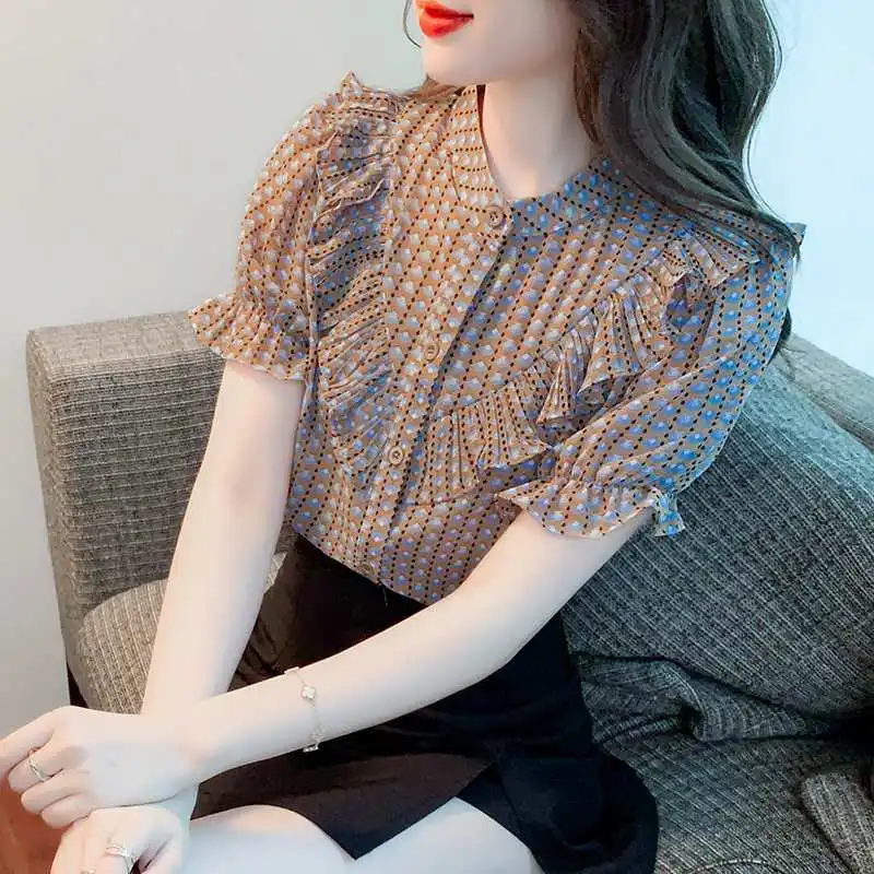 Women\'s 2024 Summer New Korean Commute Spliced Printed Ruffles Shirts Stand Collar Button Slim Chic Short Sleeve Chiffon Blouses