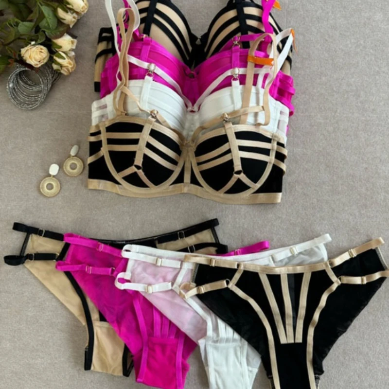 Pure Seductive Style Lingerie Set, Multi Grommet Lace Up Push Up Bra for Small Chest, Deep Plunge & Revealing Design Sexy Tushy