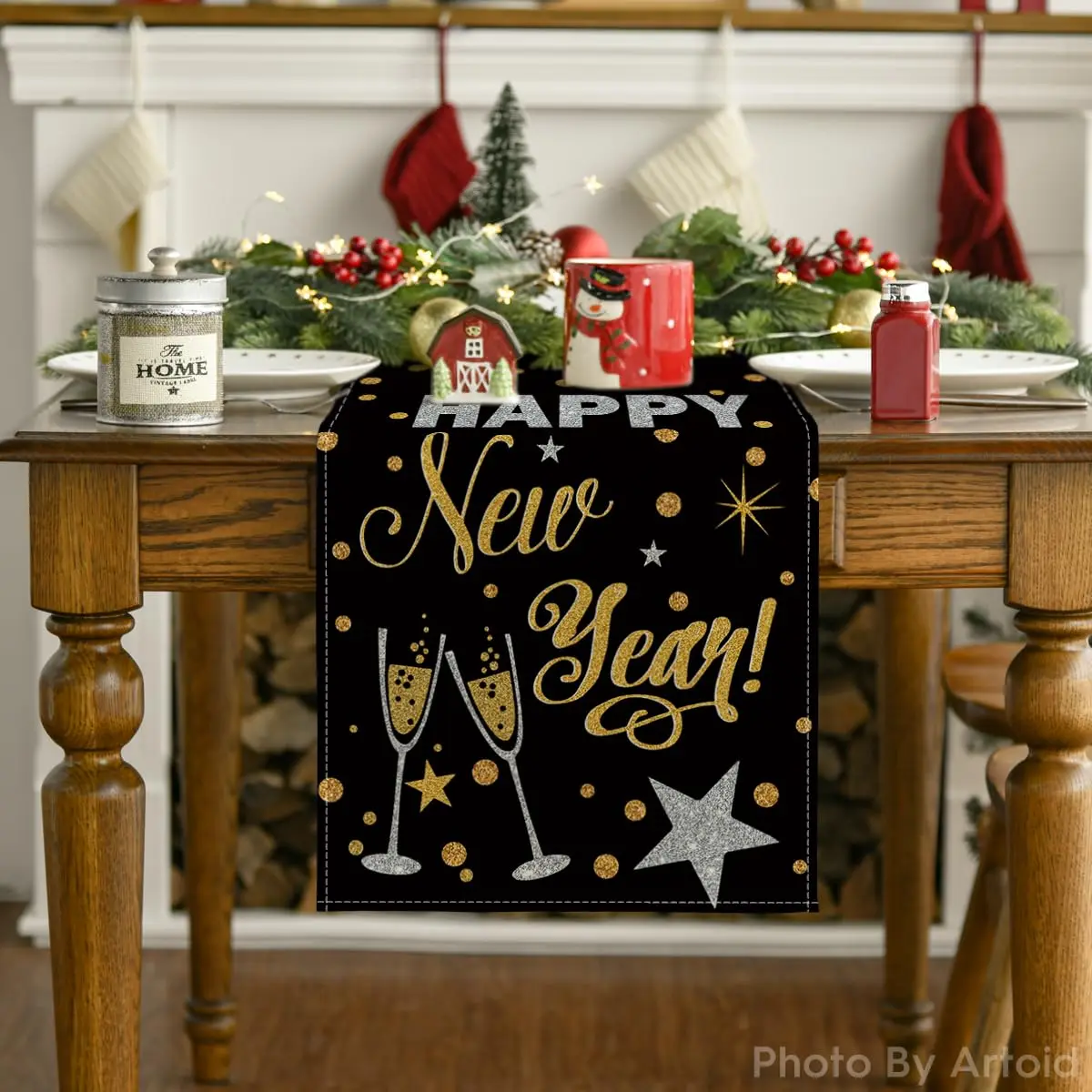 Artoid Mode Cheers باللونين الأسود والذهبي 2026، مفرش طاولة السنة الجديدة السعيدة، عيد الميلاد الشتوي عطلة المطبخ طاولة الطعام الديكور لـ Indo