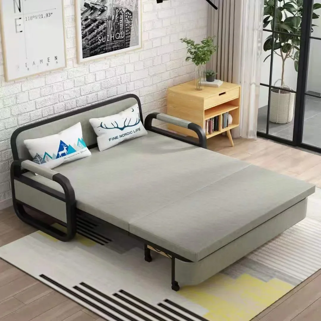 Portable Folding Sofa Bed Solid Wood Frame Convertible Sofa Three Seat Sofa Cum Bed Living Room Furniture Couch