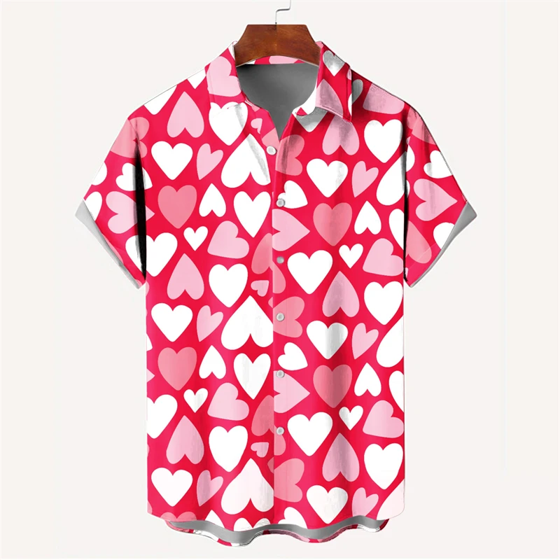 New Fashion Mens 3D Printed Shirt Summer Short Sleeve Single Row Button Loose Oversized Loving Heart Pattern Trend Unisex Shirts