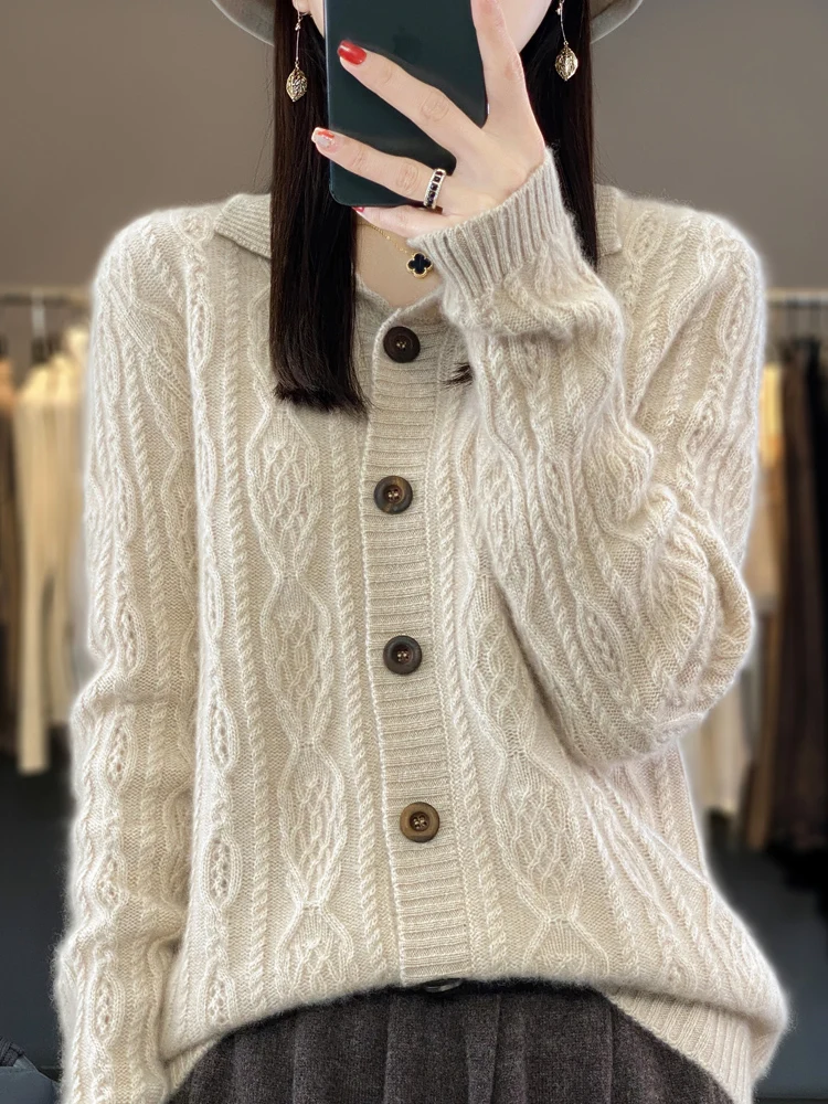 Autumn Winter Coat Women Turn-down Collar Cardigans Sweater 100% Merino Wool Knitwear Loose Twist Flower Cashmere Clothing Tops