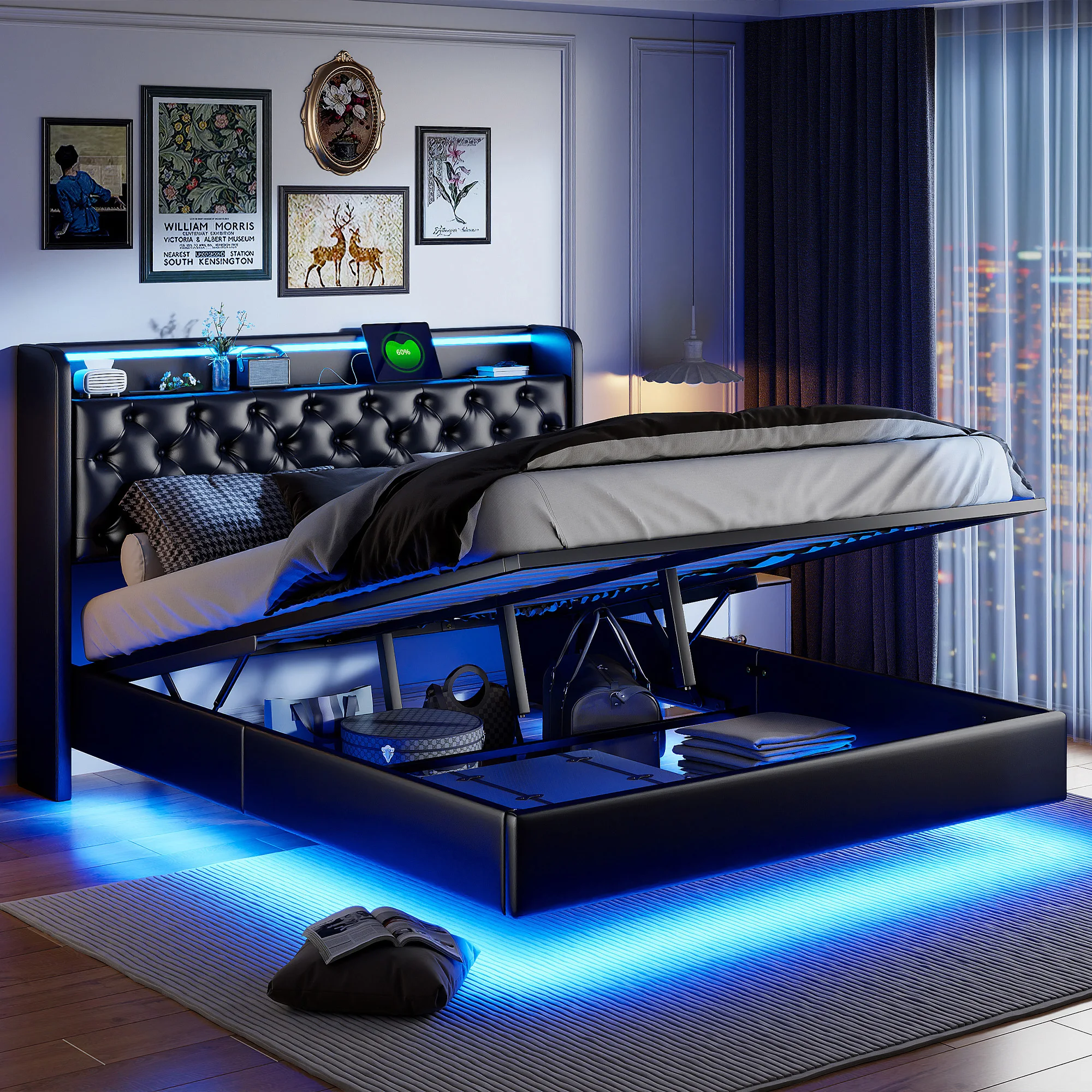 Rosahqnda Polsterbett, Doppelbett mit USB-Ladefunktion, LED-Beleuchtung, Kopfteil mit Stauraum, versteckte Bettfüße, Leder-Finish – Detail 10
