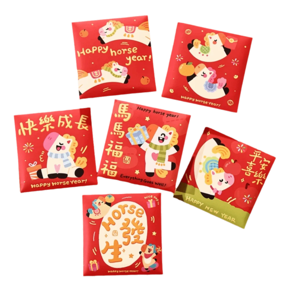 

6pcs/set Horse Zodiac Red Envelopes Cartoon Color Printing Spring Festival Red Packets Blessing Traditional Gift Bag