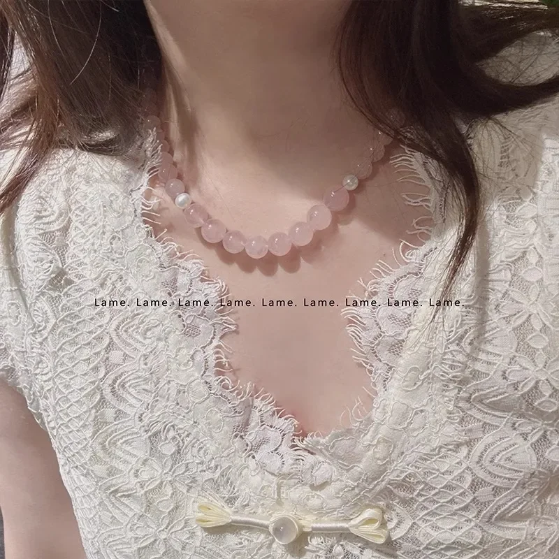 Natural Madagascar Pink Crystal Necklace Women's Summer Pearl Clavicle Chain Niche Premium Gentle Sweet Necklace