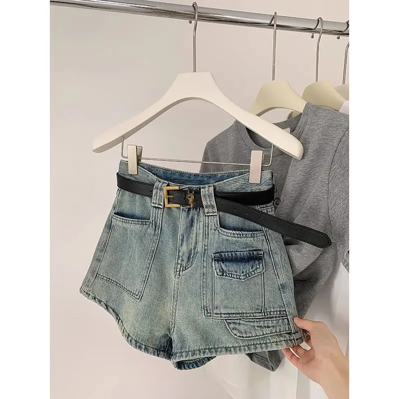 Retro Design Pocket Denim Shorts for Women in Summer New High Waist Loose a Line Wide-leg Hot Pants