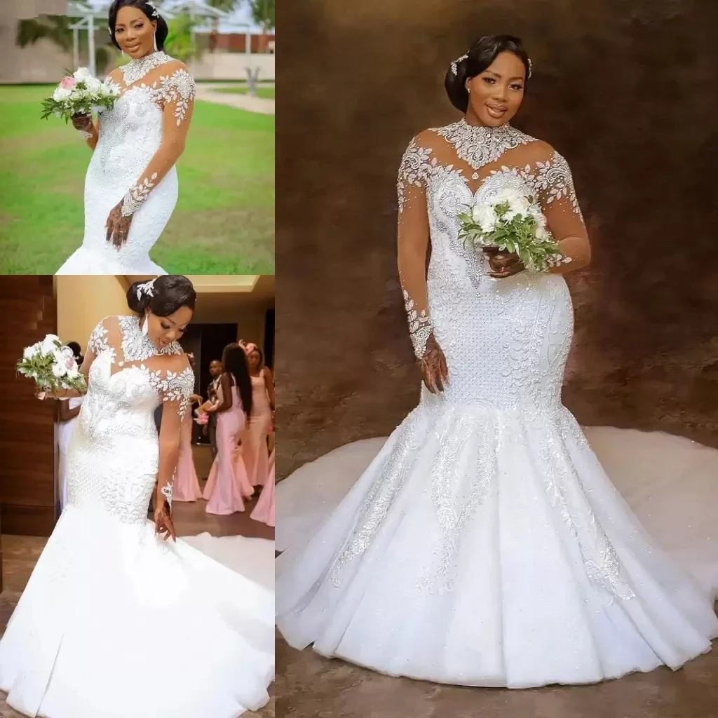 

Customized Sparkly Crystal Mermaid Wedding Dresses African Nigerian Illusion Long Sleeve Lace Floral Garden Plus Size Bridal Dre