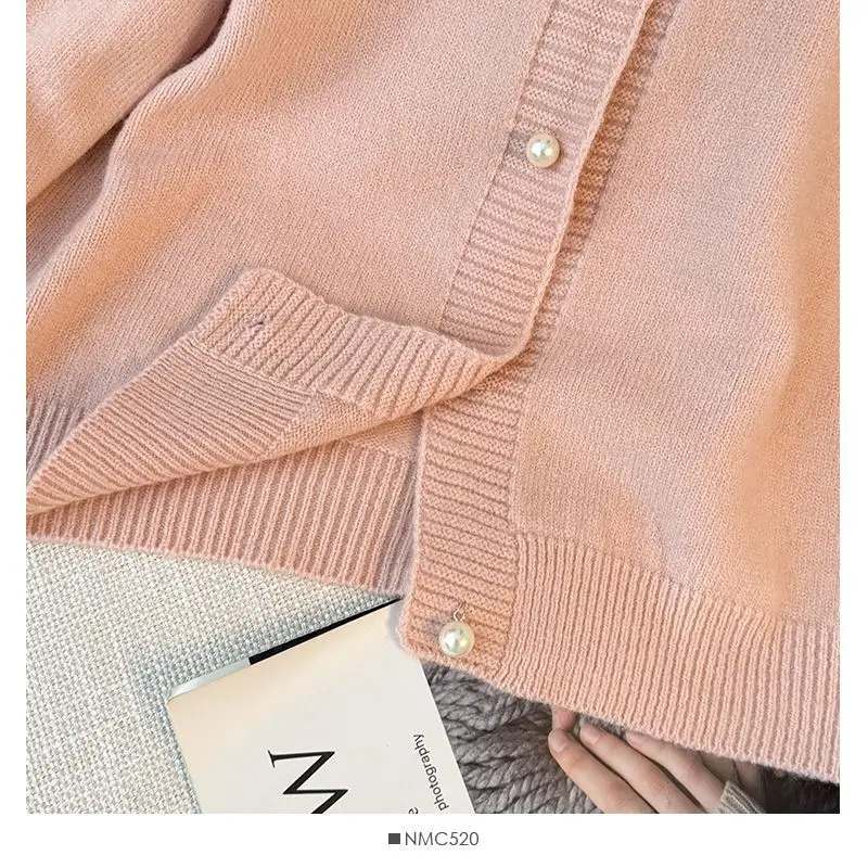 Female Sweet Bright Line Decoration Solid Color Knitting Cardigan Autumn Winter Women Clothing Simplicity Buttons O-neck Sweater