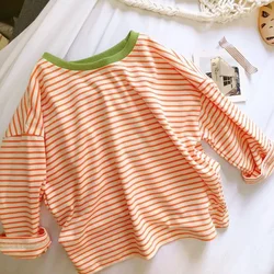 Boys and Girls' T-shirt Long Sleeved Children's Bottom Shirt Spring and Autumn Korean Version Cotton Striped Top