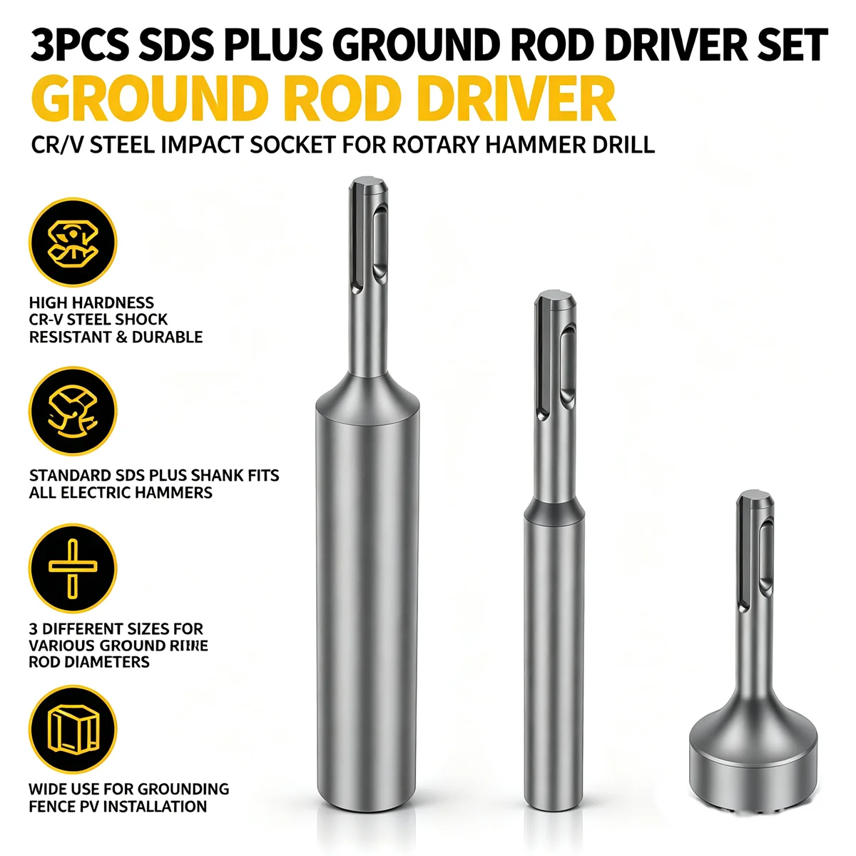 3Pcs SDS Plus Ground Rod Driver Tool Jackhammer Shank Rammer Heavy Duty Steel Post Driver Socket for Electric Hammer Drill