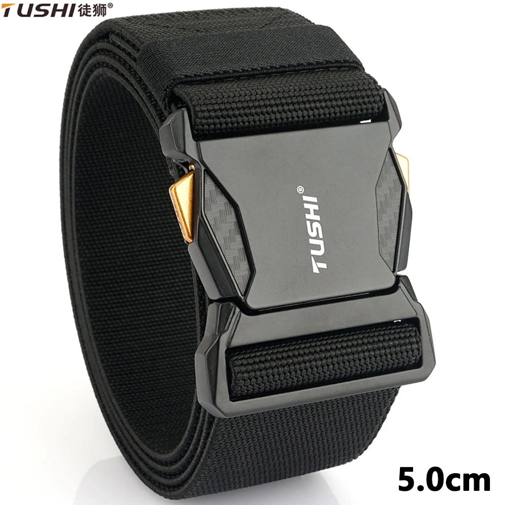 TUSHI 5.0CM Unisex Elastic Belt Hard Metal Buckle Quick Release Tough Stretch Nylon Mens Military Tactical Belt Casual Waistband
