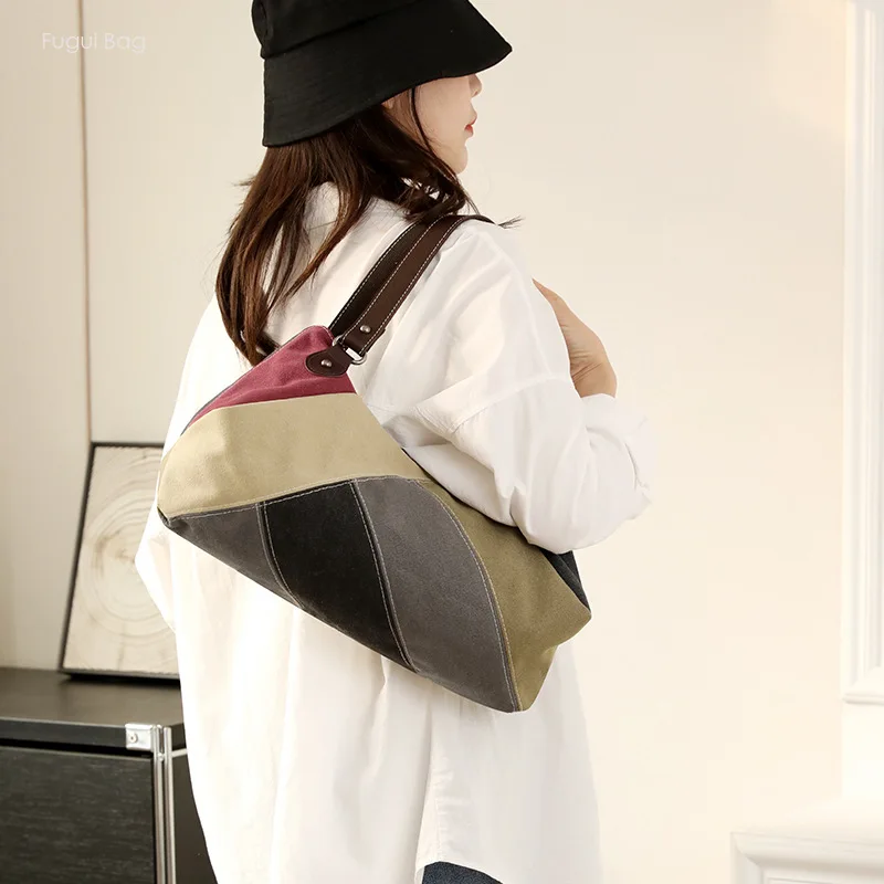 Women's Shoulder Bag Underarm Bag Canvas New Contrasting Color Patchwork Art Summer Casual Versatile Fashionable Texture