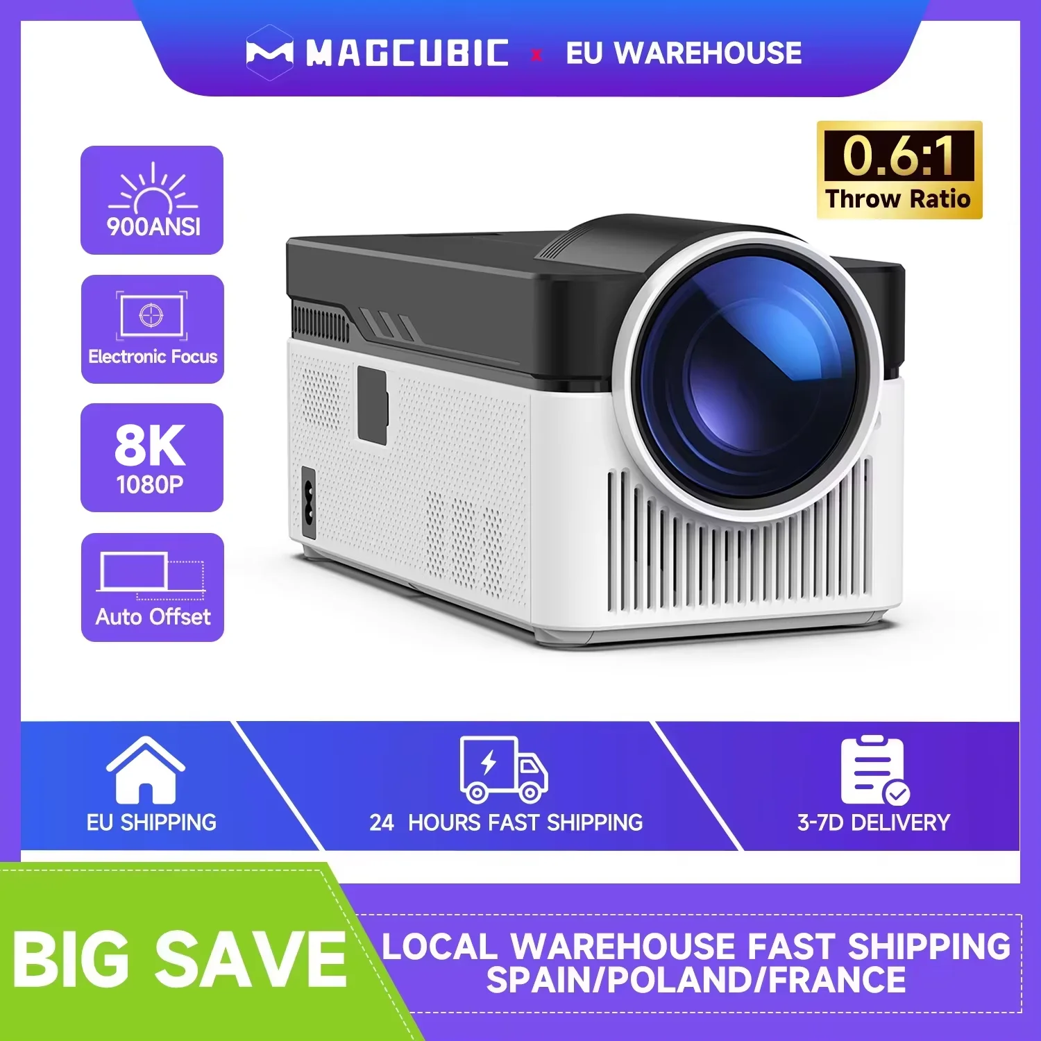 Projecteur Magcubic 0.6:1 Auto Offset HY450 1080P 8K 4K 900ANSI WiFi6 pour Home Cinéma avec télécommande vocale