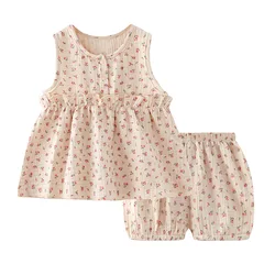 Girls Summer Suits Clothes Baby Muslin Cotton Outfits Vest Shorts Floral Sleeveless Casual Tops +Pants 2PCS 0-5 Years