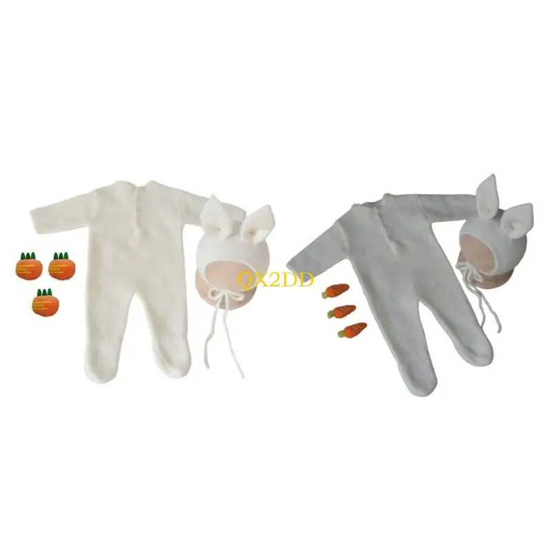 QX2D Baby Romper with Rabbit Hat Newborn Boy Girl Baby Costume Outfits Photography