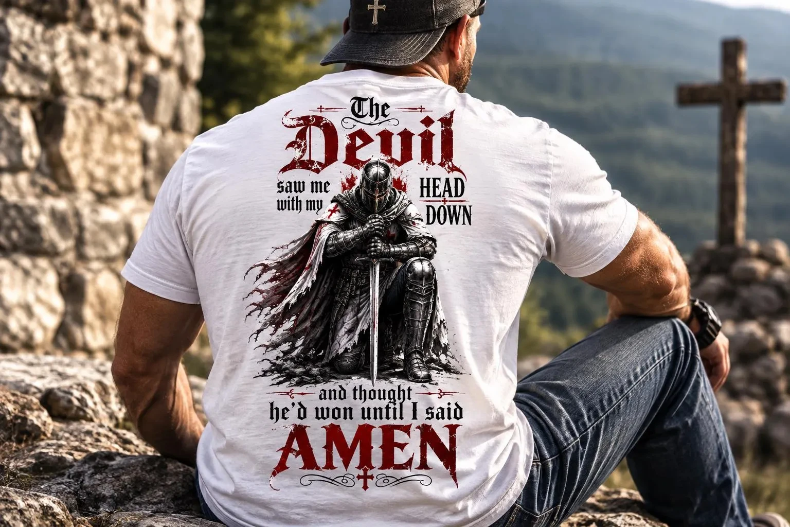 Christian Knight T-Shirt, Medieval Faith Graphic, Devil Saw Me Head Down Until I Said Amen