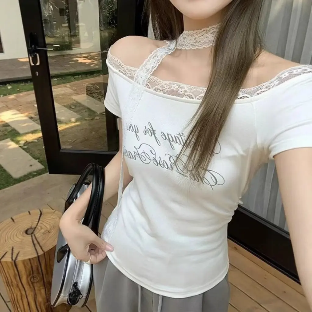 

Women's Korean Style Off-Shoulder T-Shirt Pure Lust Slanted Shoulder Pleated Short-Sleeved Lace Ribbon Waist Summer Top