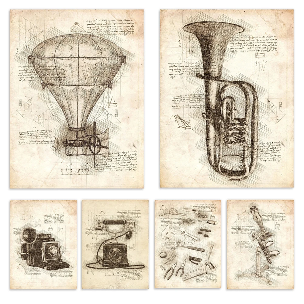 Retro-style Leonardo da Vinci sketches, hot air balloons, gears, microscopes, pocket watches, globes, typewriter canvas posters