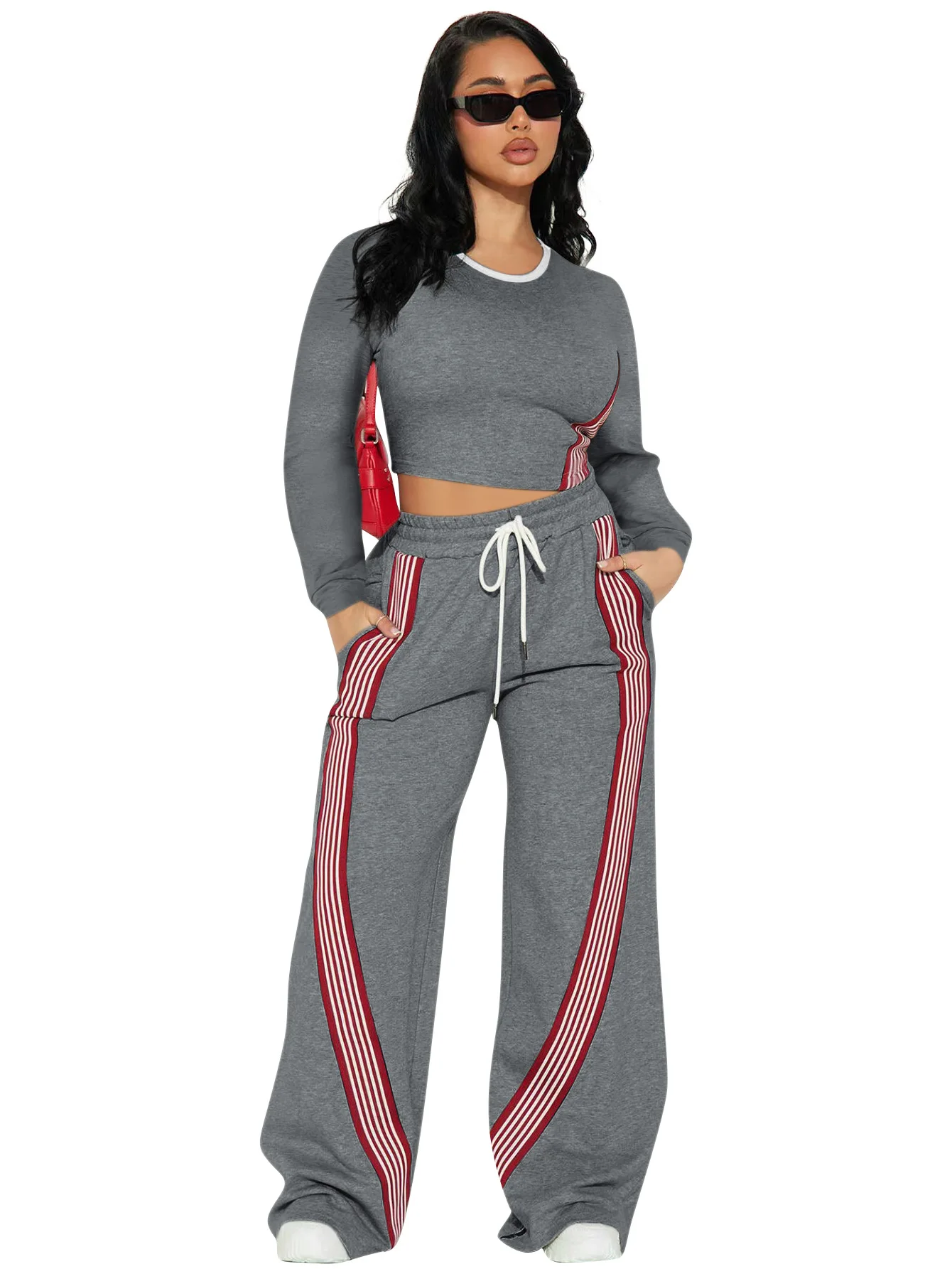 ชุดเซ็ทเสื้อยืดแขนยาวลำลองแฟชั่นผู้หญิงและกางเกงกีฬาลายทาง ชุดวอร์มสองชิ้น ฤดูใบไม้ร่วง ฤดูหนาว 2025