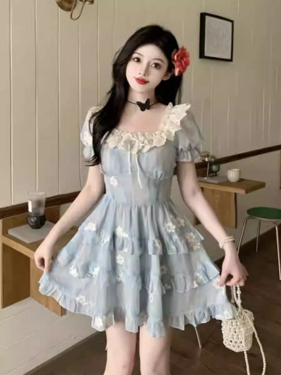 فستان صيفي كبير الحجم بطباعة حلوة فرنسية بأكمام قصيرة، فساتين عصرية بخصر عالٍ ومتعددة الاستخدامات ورقبة مربعة #6