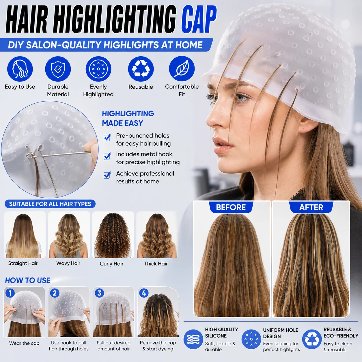 Silicone Highlight Cap with Hook Reusable Hair Coloring Cap with Holes for DIY Home Salon
