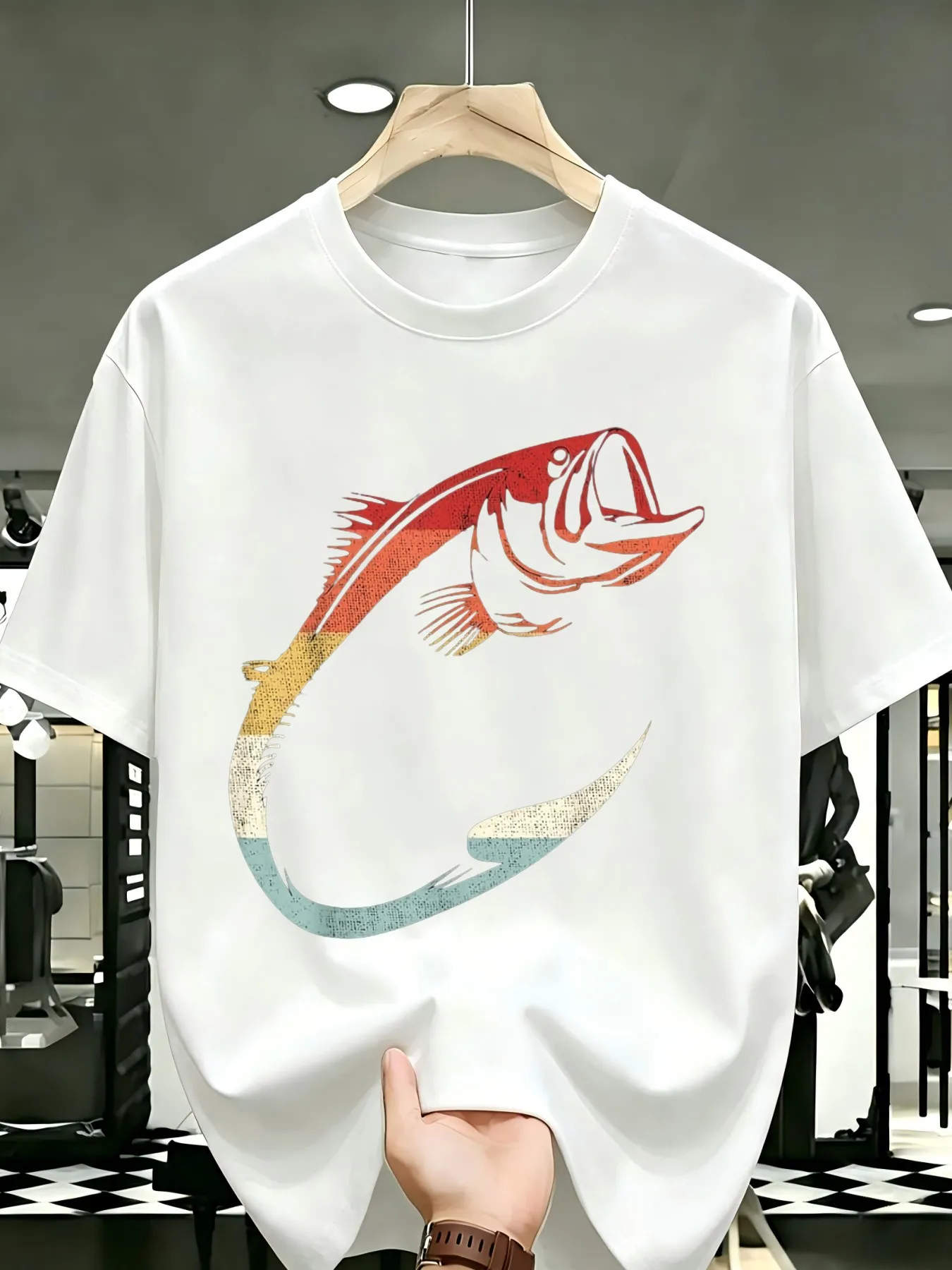 [Fishing Relaxed Fit T-Shirt] Men'S Fishing T-Shirt Relaxed Fit Crew Neck Short Sleeve Tee with Fish Hook Line Art Soft Casual Outdoor Wear for Anglers Themed Events Year-Round Comfortable Apparel