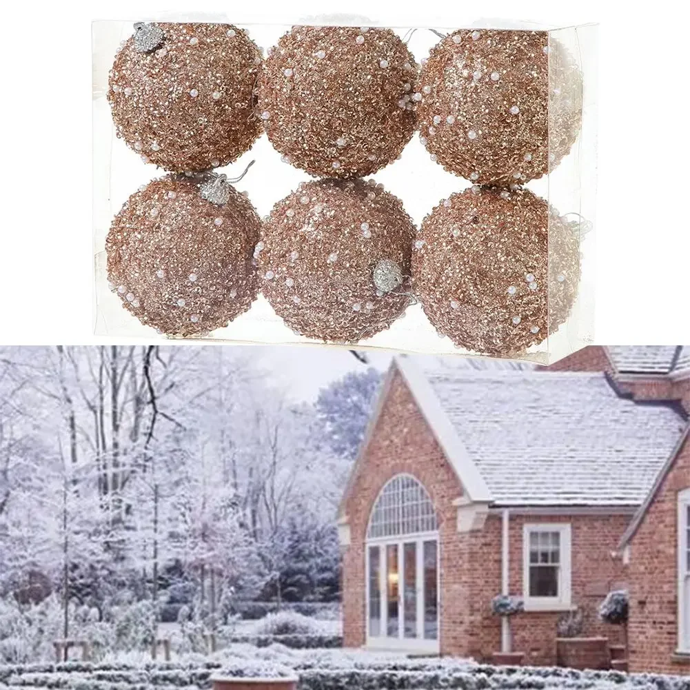 

6Pcs Rose Gold Christmas Foam Ball Ornaments With A Rope Loop For Outdoor Garden Indoor Holiday Decoration