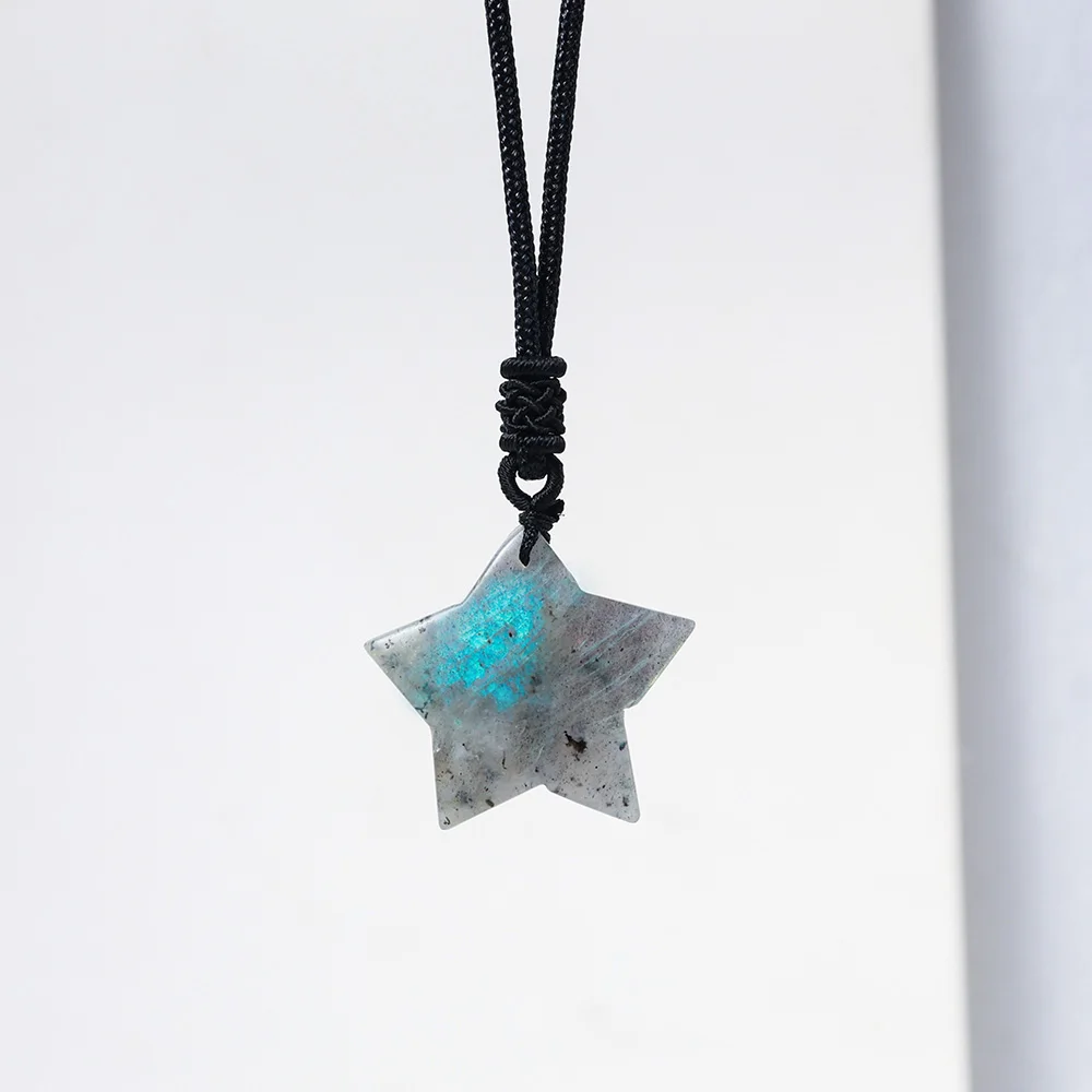 Natural Crystal Five-Pointed Star Blue Moonlight Pendant Hand Woven Healing Reiki Labradorite Gem Necklace Lady Gift