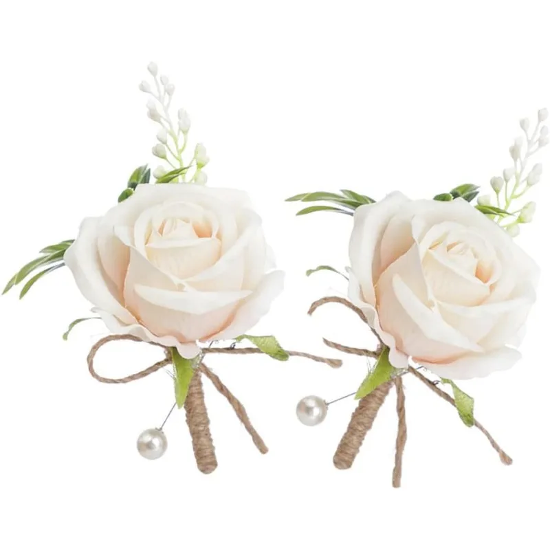 2 個のコサージュ ウェディング ブートニア 造花 バラの花束 ブローチ デコレーション 花嫁新郎結婚式用 (シャンパン)