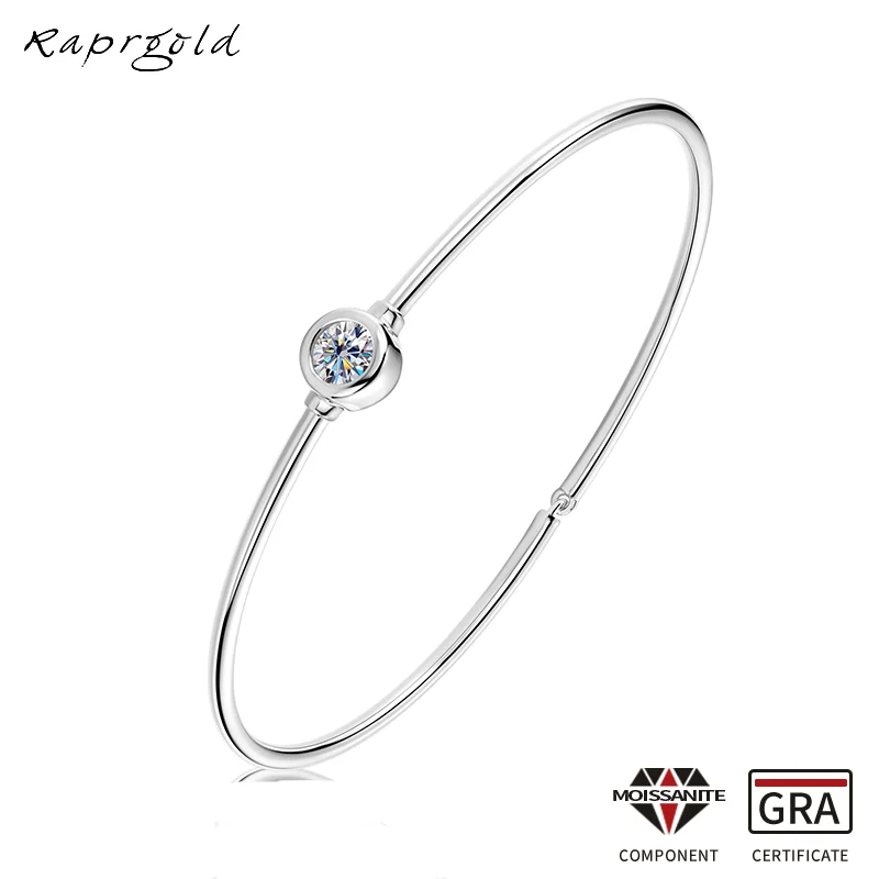 RAPRGOLD Round Moissanite Adjustable Bracelet for Women S925 Sterling Silver Cuff Bangles Chain Couples Wrist Fine Jewelry Gifts