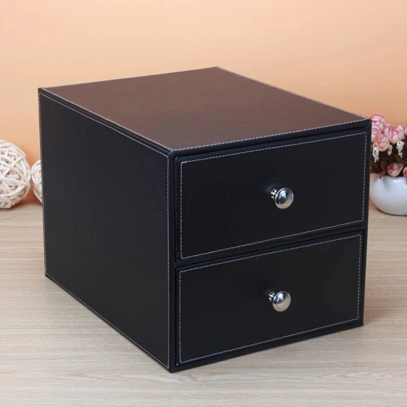 Genuine Leather Makeup Skincare Storage Box with Mirror Multifunctional Bathroom Countertop Tray Modular Drawer Organizer