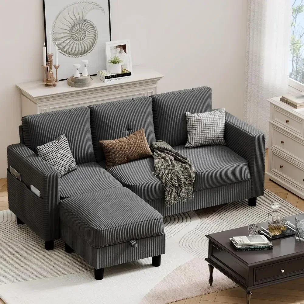 

3-Seat L-Shaped Sectional Sofa Set with Corduroy Fabric and Movable Ottoman in Grey
