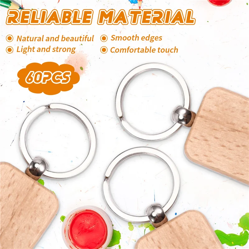 ABAH-60Pcs Blank Rounded Rectangle Wooden Keychain Diy Wooden Keychain Key Tag Can Be Engraved Diy Gift