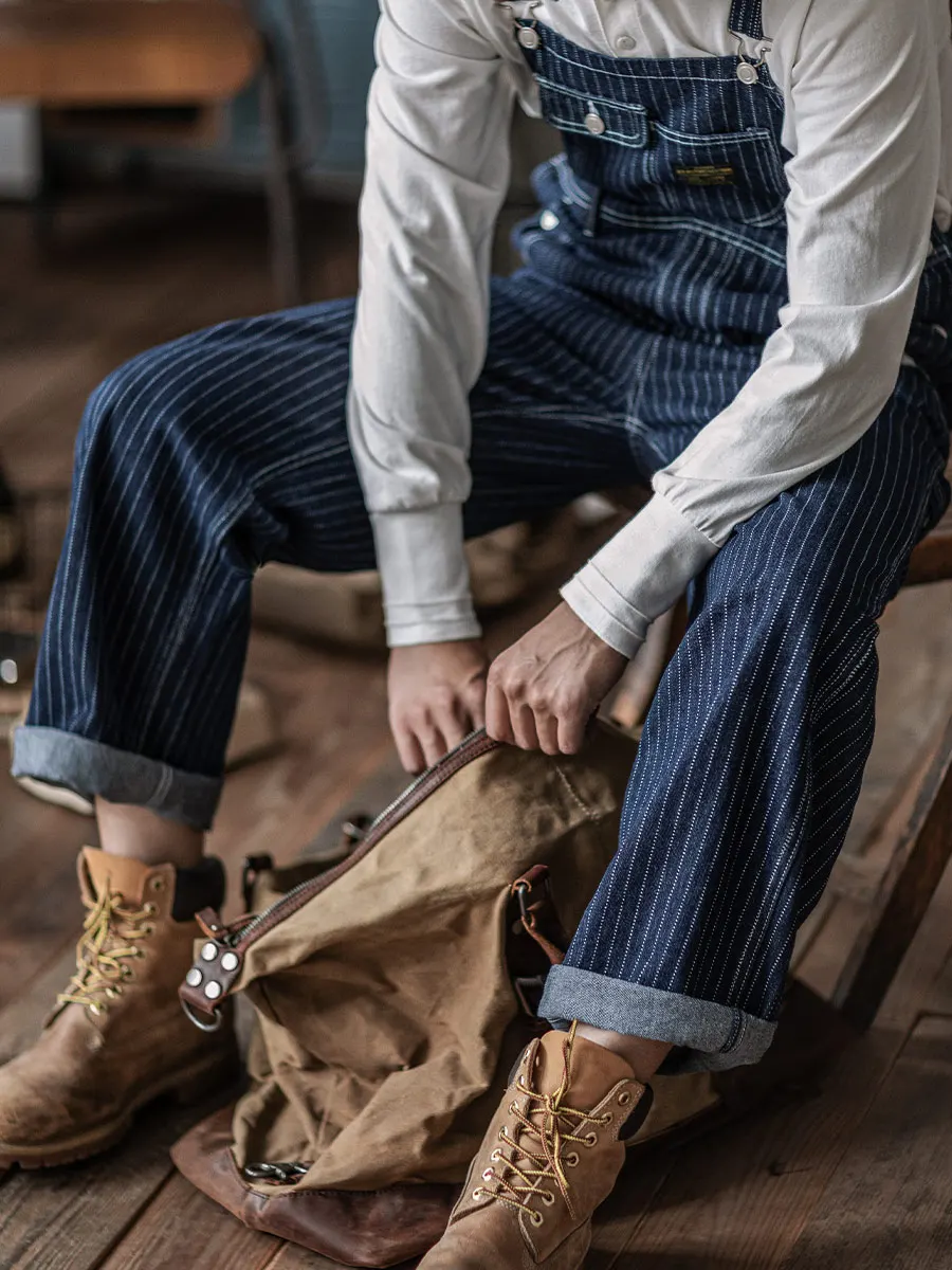 النيلي البحر الأمريكي الرجعية وزرة الدنيم واسعة الساق السكك الحديدية العمل السراويل الرجال مخطط السراويل الطويلة جينز قطني غير رسمي للشباب #5