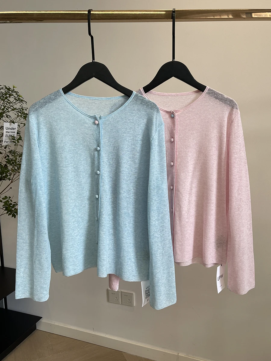 Delicate 16-Needle Cotton Linen Texture Knitted Sleeve Color Block  Open Cardigan Gentle Style Long Sleeve Women's Knitte...