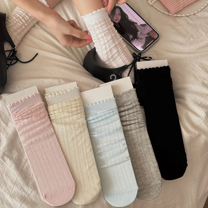 Sweet Girls Middle Tube Ruffle Women Socks Spring and Summer Thin Breathable Socks Japanese Solid Color Lolita Kawaii Cute Socks