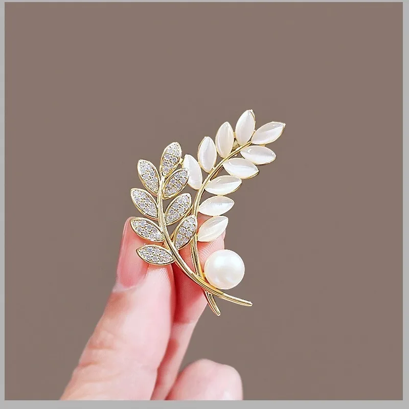 High-end real gold electroplated opal wheat ear pearl brooch women's suit jacket coat corsage