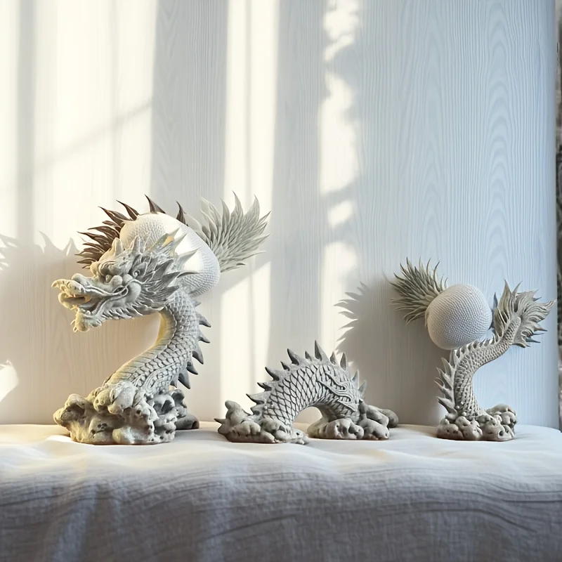 3pcs Chinese Dragon Sculpture Set - Hand-Carved Stone Art Ornaments, Suitable for Home Office Desktop Decoration, Aquarium Scene