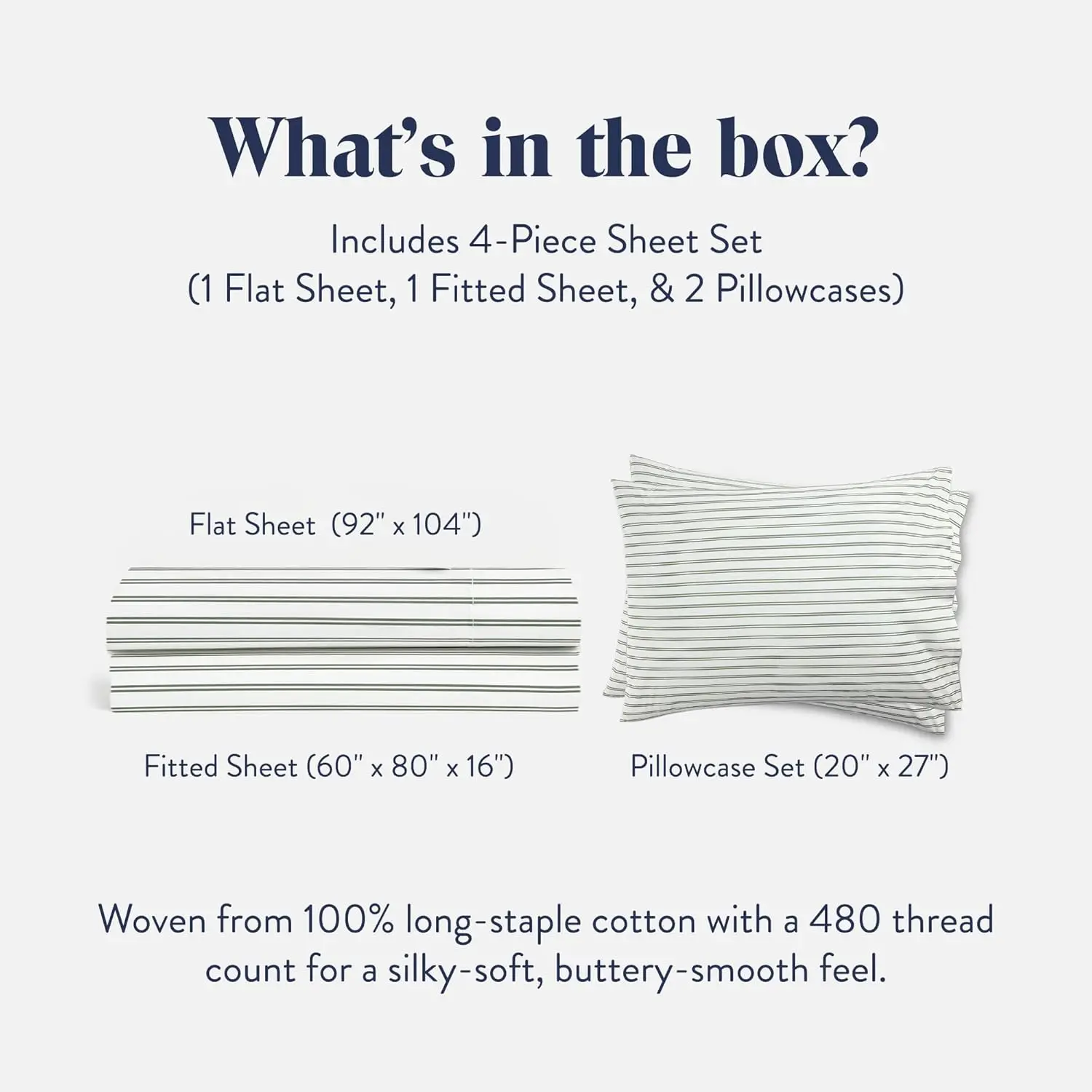 Queen 4-Piece 100% Cotton Sateen Sheet Set - Green Tandem Stripe, Oeko-TEX Certified Luxury Bedding, Includes 1 Fitted Sheet