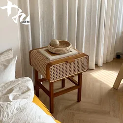 MOMO Korea Ins Real Rattan Solid Wood Bedside Table Rattan Handmade Bedside Table New Chinese Coffee Table Retro Small Cabinet