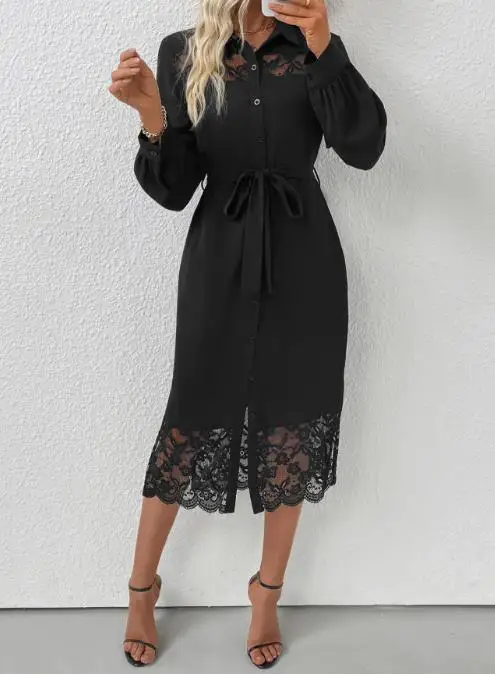 

Fashion Women's Dress 2025 Autumn New Elegant Sexy Unique Hot Selling Lace Splicing Shirt Mid Length Skirt Dress for Women