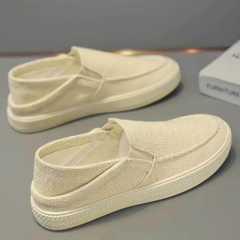 Men Linen Mule Loafers Slip On Backless Canvas Shoes Breathable Flat Casual Walking Board Shoes Summer Lightweight Half Slippers